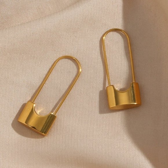 Lemonlimeblue Jewelry - 18K Gold Plated Safety Pin Lock Dangle Earrings Stainless Steel